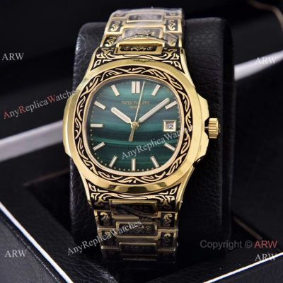 Clone Patek Philippe Nautilus Gold Tattoo Wrist Malachite Green Dial